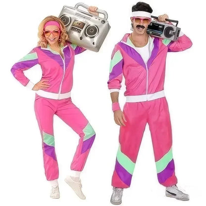 Men Women Vintage 80s Hip Hop Disco Cosplay Hippie Costume Halloween Purim Carnival Party Couple Tracksuit Outfit