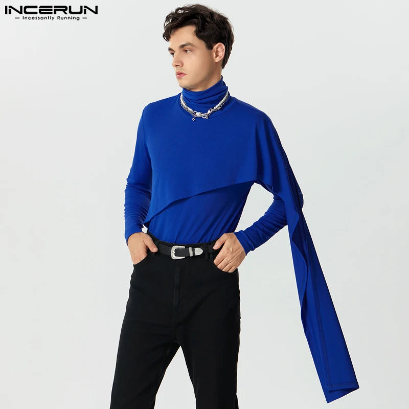 INCERUN Tops 2023 American Style Handsome Men's Knitted Pit Stripe High Neck Pullover Casual Fashion Solid Elastic Sweater S-5XL