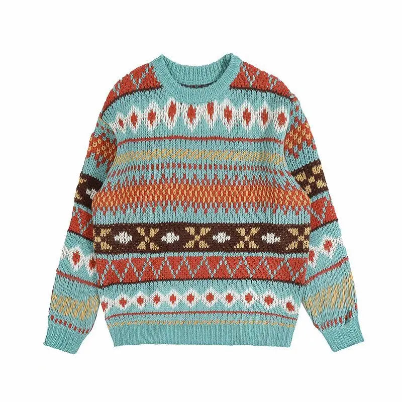 HOUZHOU Men's Knitted Vintage Graphic Sweater with Pattern Brown Blue Pullovers Sweaters and Jumpers Korean Streetwear Harajuku