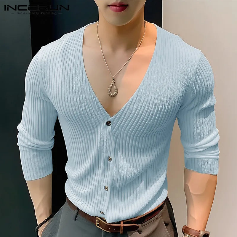 INCERUN Tops 2024 Korean Style Men's Solid Color Knitted Striped Shirts Fashionable Casual Male V-neck Long Sleeved Blouse S-5XL