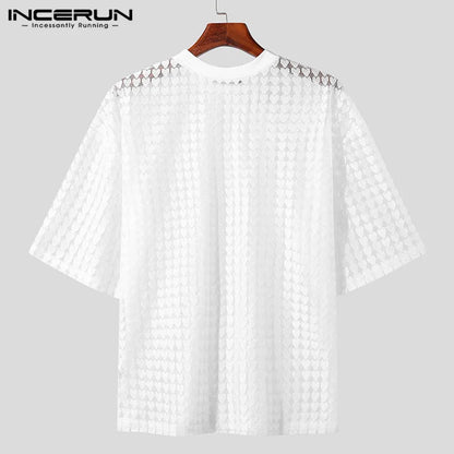 2023 Men T Shirt Mesh Transparent Solid O-neck Short Sleeve Men Clothing Loose Party Streetwear Fashion Tee Tops INCERUN S-5XL