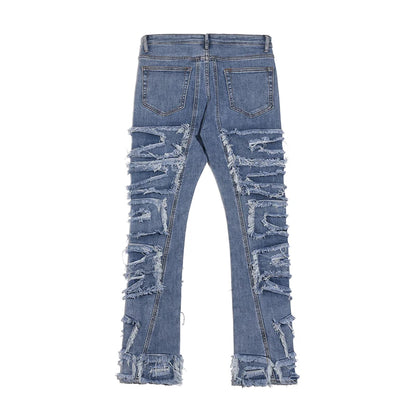 Retro Hole Ripped Distressed Jeans for Men Straight Washed Harajuku Hip Hop Loose Denim Trousers Vibe Style Casual Jean Pants