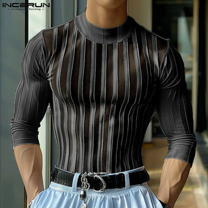 INCERUN Men T Shirt Striped Mesh Patchwork Turtleneck Long Sleeve Men Clothing Streetwear 2024 See Through Fashion Camsietas