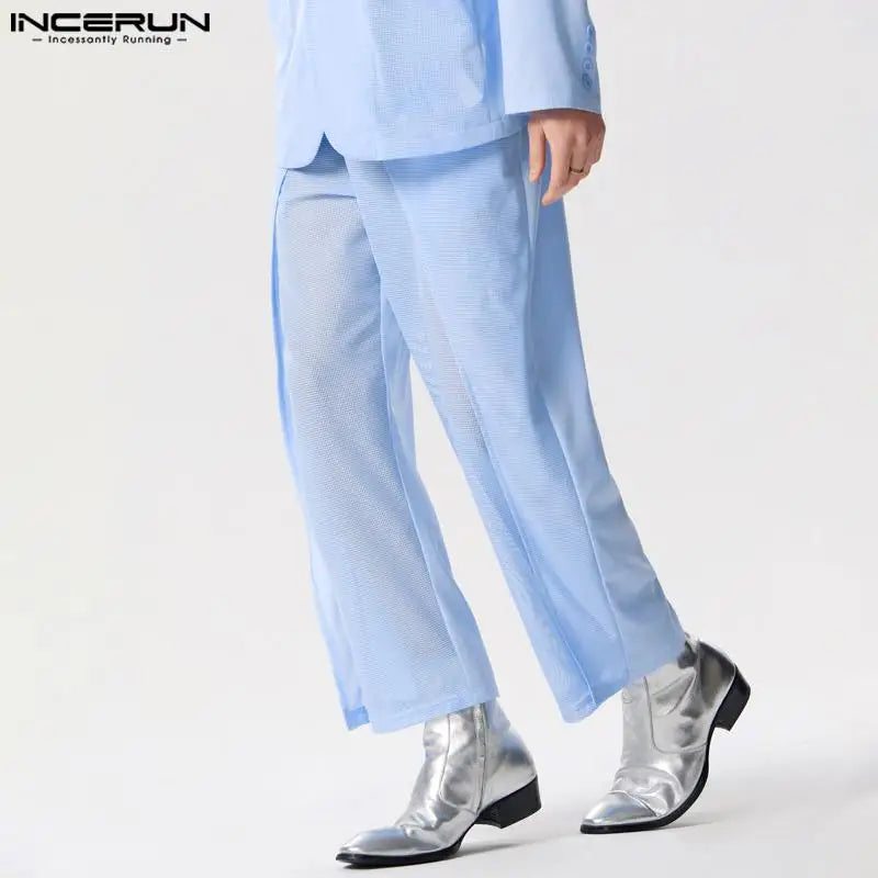 INCERUN 2024 American Style Men's Pantalons Fashion Hollow Mesh Design Long Pants Casual Clubwear Solid All-match Trousers S-5XL