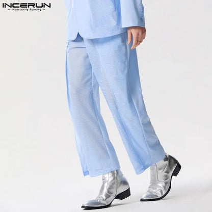 INCERUN 2024 American Style Men's Pantalons Fashion Hollow Mesh Design Long Pants Casual Clubwear Solid All-match Trousers S-5XL