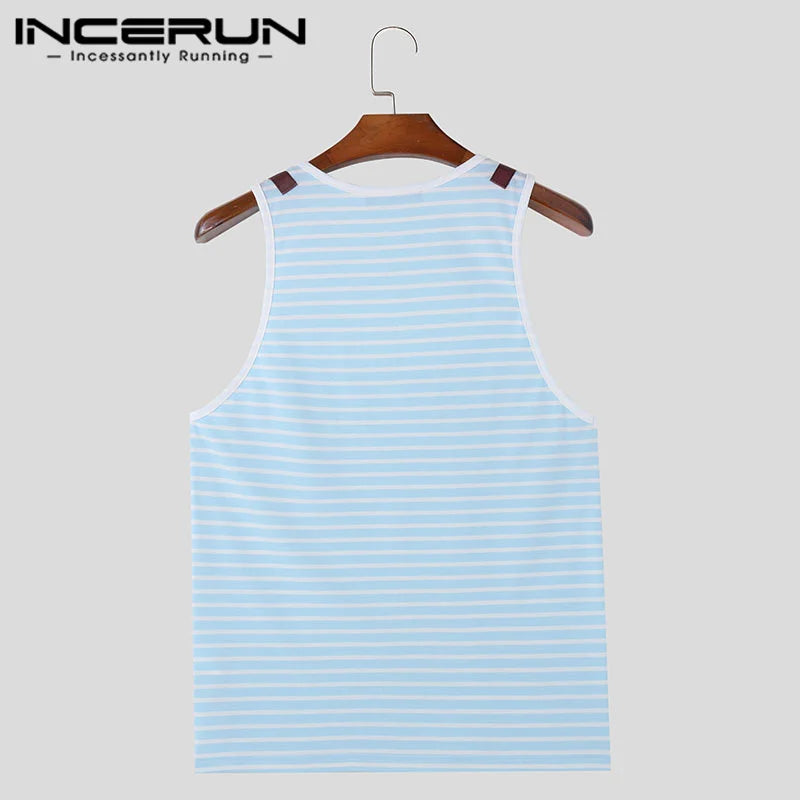 INCERUN Tops 2024 Fashion Men Solid Stripe Splicing Knitted Design Vests Summer Male All-match U-neck Sleeveless Tank Tops S-5XL