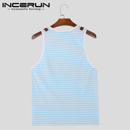 INCERUN Tops 2024 Mode Männer Solide Streifen Spleißen Gestrickte Design Westen Sommer Männlichen Alle-spiel U-neck Ärmelloses Tank tops S-5XL