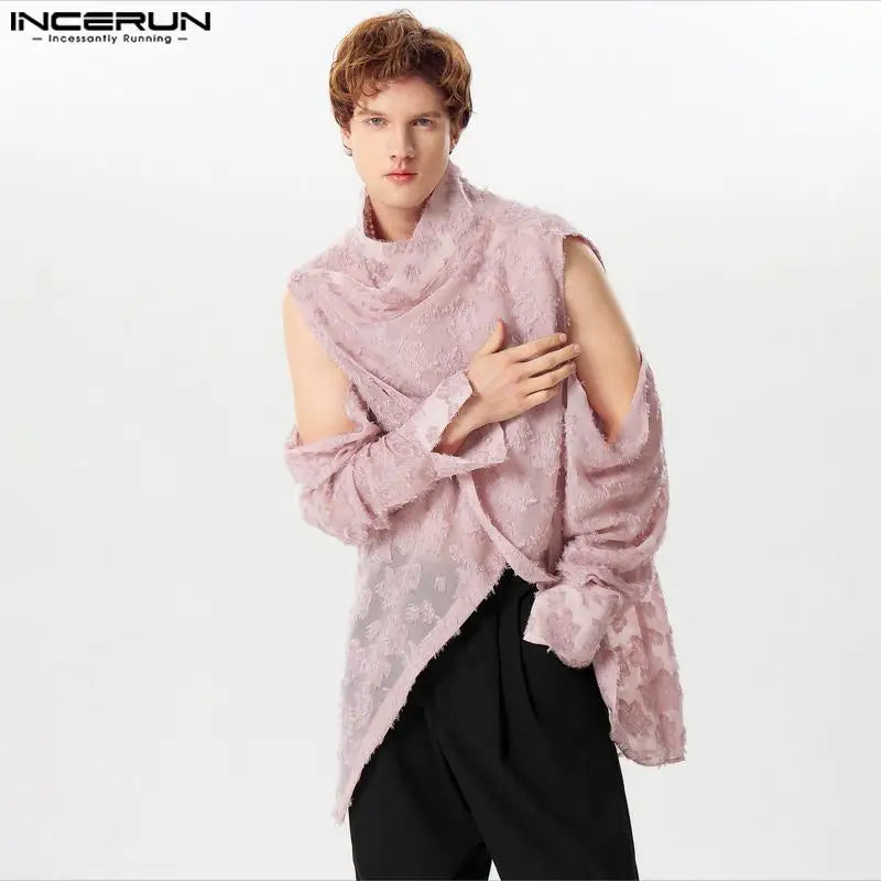 INCERUN Tops 2024 American Style Handsome New Mens Tassel Feather Jacquard Shirts Casual Irregular Hem Long Sleeved Blouse S-5XL