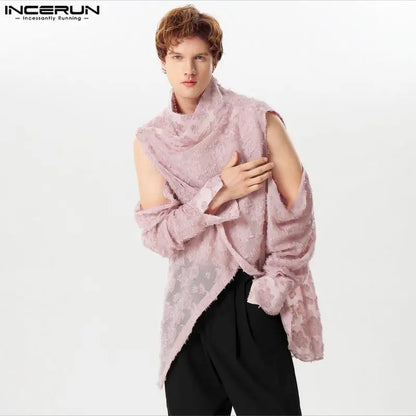 INCERUN Tops 2024 American Style Handsome New Mens Tassel Feather Jacquard Shirts Casual Irregular Hem Long Sleeved Blouse S-5XL