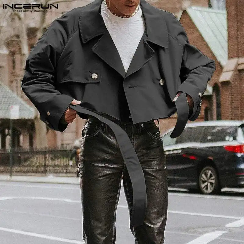 INCERUN Tops 2023 Style américain Beau Nouveau Hommes Solide Court Cravate Conception Veste Décontractée Homme Revers Trench Veste Manteaux S-5XL