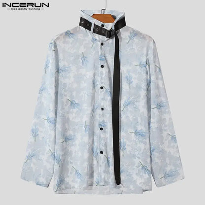 INCERUN Tops 2024 Style américain Hommes Imprimé Mousseline de Soie Légèrement Transparent Chemises Décontractées Streetwear Homme Chemisier À Manches Longues S-5XL