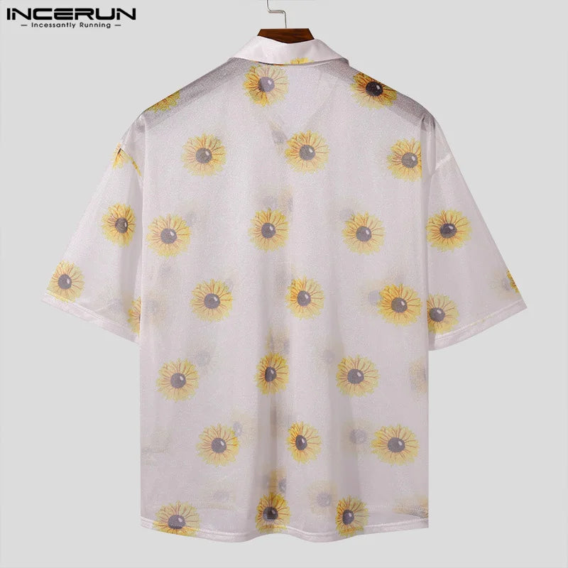 Casual Stylish Style Tops INCERUN Men's Dense Mesh Perspective Sunflower Printed Shirts Summer Street Short Sleeved Blouse S-5XL