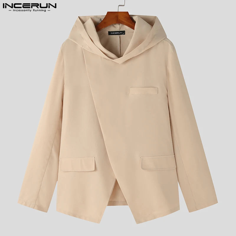 INCERUN Tops 2023 Korean Style Handsome Men's Hooded Diagonal Placket Design Suit Solid Well Fitting Casual Street Blazer S-5XL