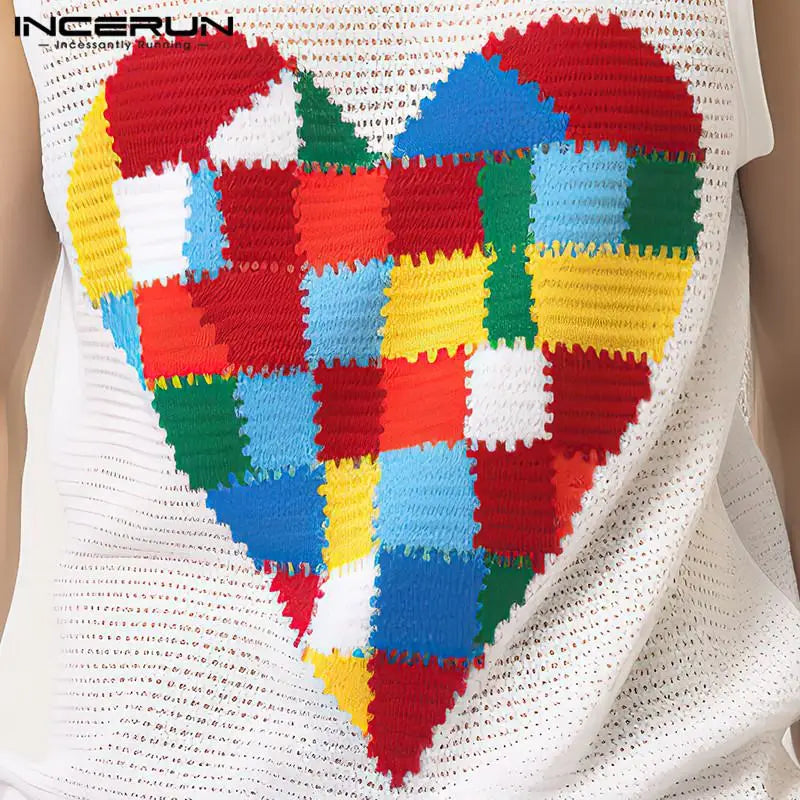 INCERUN Tops 2024 Style Américain Mode Hommes Coloré Motif De Cœur Conception Gilets Décontracté Creux Maille Sans Manches Débardeurs S-5XL