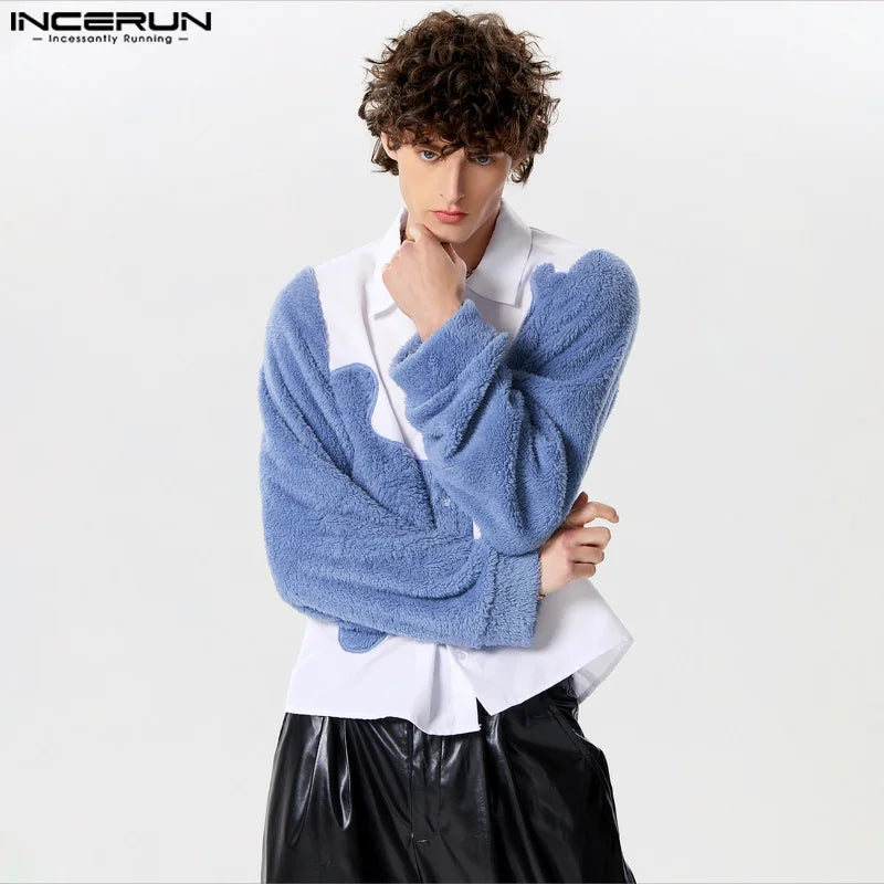 INCERUN Tops 2024 American Style New Men's Personality Suede Patchwork Irregular Shirts Fashion Casual Long Sleeved Blouse S-5XL