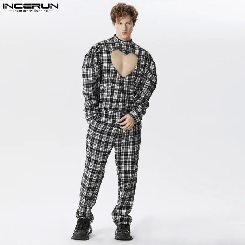 INCERUN 2024 American Style Mens Sets Heart Hollow Leg Of Mutton Sleeve Shirts Long Pants Casual Streetwear Two-piece Sets S-5XL