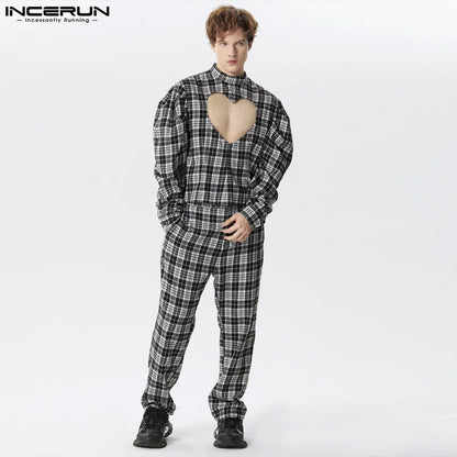 INCERUN 2024 American Style Mens Sets Heart Hollow Leg Of Mutton Sleeve Shirts Long Pants Casual Streetwear Two-piece Sets S-5XL