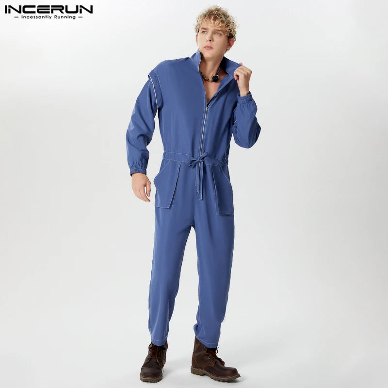 Fashion Casual Style Bodysuits INCERUN Men's Contrast Color Line Jumpsuits Male All-match Personality Long Sleeved Rompers S-5XL