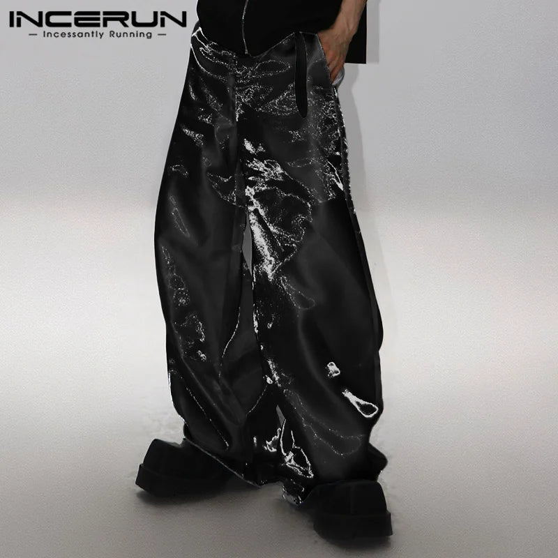 INCERUN 2024 Korean Style Pantalons Men Stylish Sparkling Fabric Design Long Pant Leisure Clubwear Hot Sale Solid Trousers S-5XL