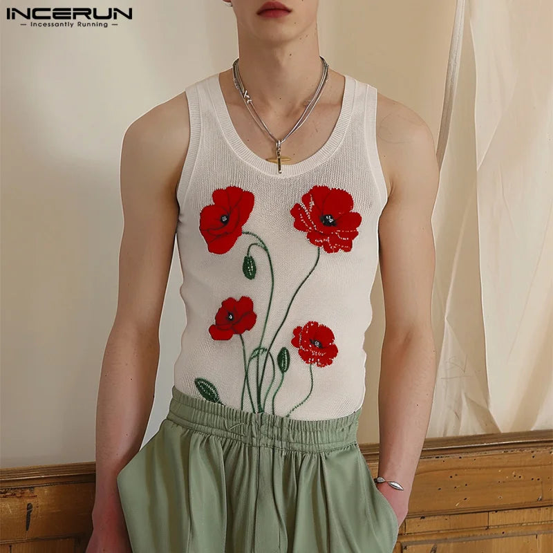 INCERUN Tops 2024 American Style Summer Fashion Mens Floral Print Vests Casual Streetwear Male Sleeveless O-neck Tank Tops S-5XL