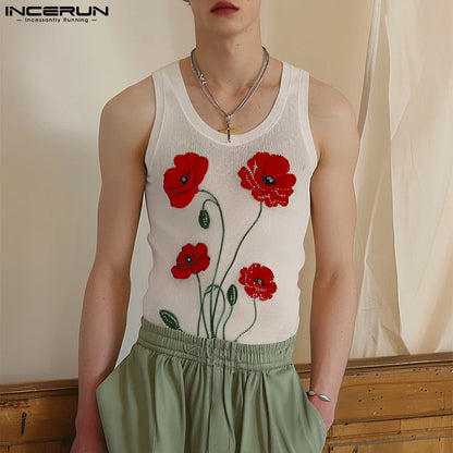 INCERUN Tops 2024 American Style Summer Fashion Mens Floral Print Vests Casual Streetwear Male Sleeveless O-neck Tank Tops S-5XL