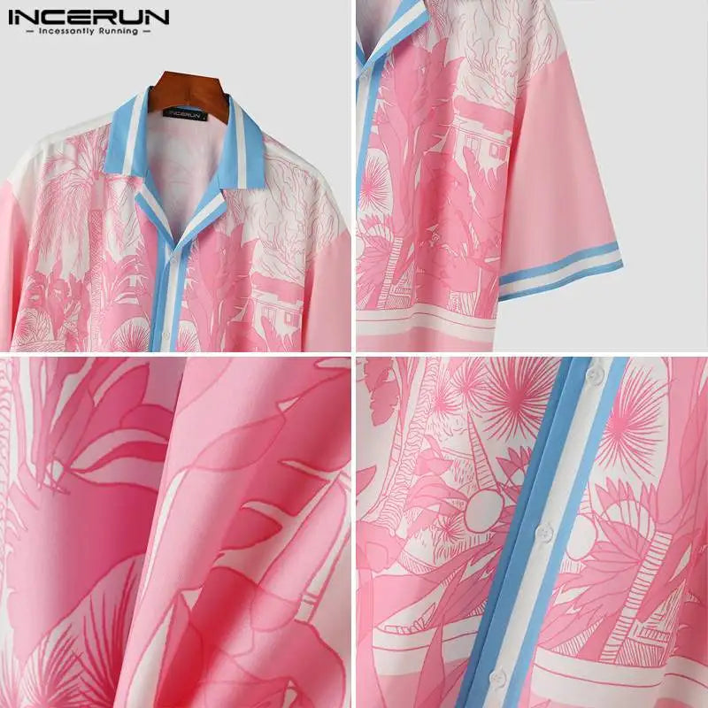 INCERUN Tops 2024 Amerikanischen Stil Mode Neue Herren Rosa Floral Blau Streifen Shirts Sommer Streetwear Männlichen Mid Ärmeln Shirts S-5XL