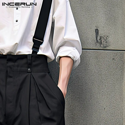 INCERUN 2023 Korean Style New Men's Overalls Solid Color Casual Jumpsuits Fashionable Streetwear All-match Simple Rompers S-5XL