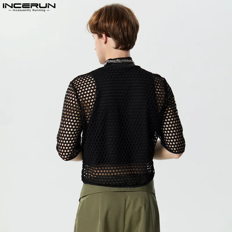 Fashion Casual Style Tops INCERUN Men's Hollow Mesh Patchwork T-shirts Sexy Cropped Half High Neck Short Sleeved Camiseta S-3XL