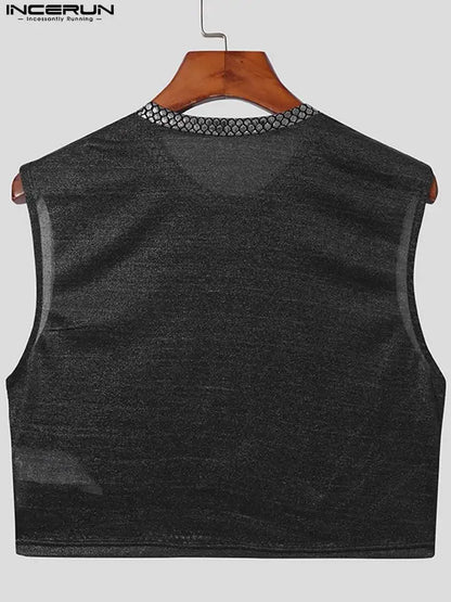 INCERUN Mode Männer Tank Tops Patchwork Glänzend O-Ausschnitt Ärmellose Crop Tops Durchsichtige Rückseite Streetwear Party Nachtclub Westen Männer