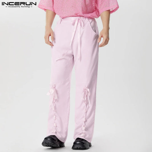 INCERUN 2024 American Style Trousers Men Personality Knot Ribbon Tie Design Pants Casual Streetwear Straight Leg Pantalons S-5XL