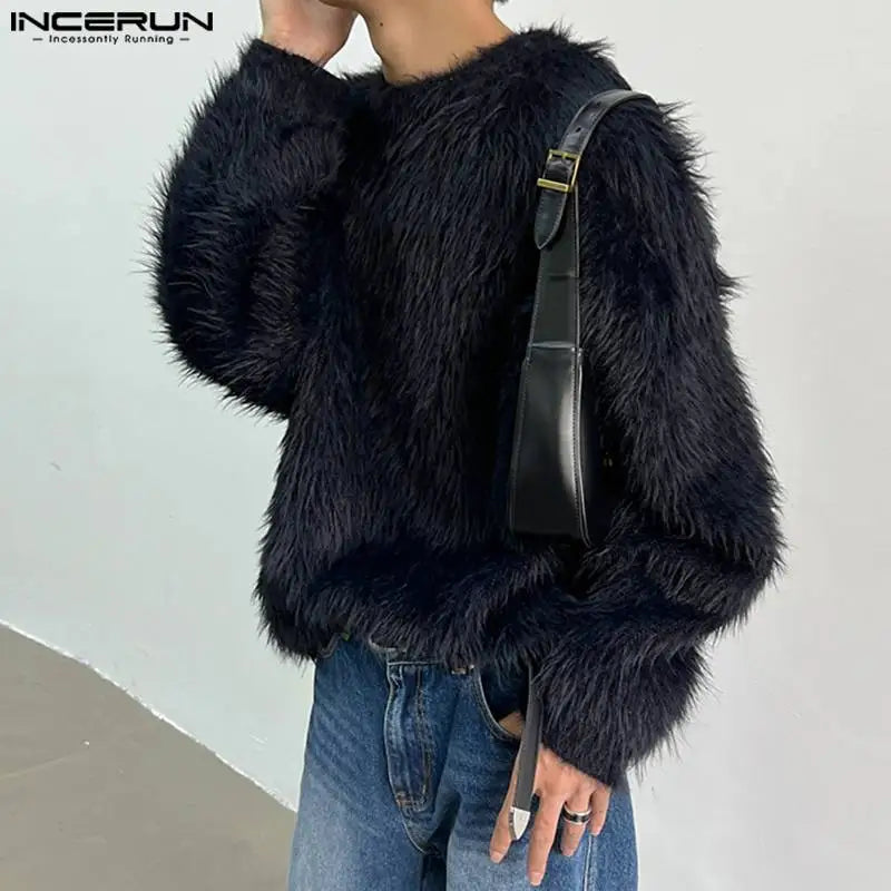 INCERUN Tops 2024 Korean Style Handsome Mens Loose Faux Plush Fabric Pullover Casual Streetwear Solid Long Sleeved Sweater S-5XL