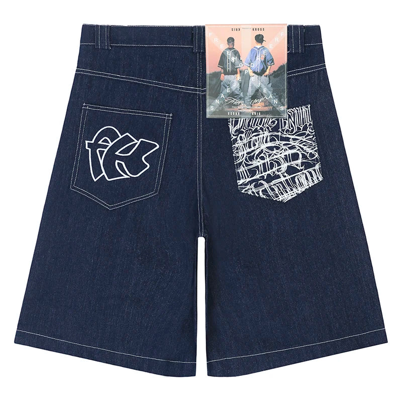 Hip Hop Pockets Embroidery Letter Print Jeans Shorts for Men Summer Retro Oversized Wide Leg Denim Knee Lenght Pants