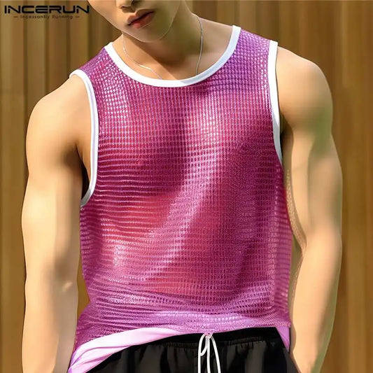 INCERUN Tops 2024 Korean Style New Mens Glitter Micro Perspective Vests Casual Fashion Patchwork Edge Sleeveless Tank Tops S-5XL