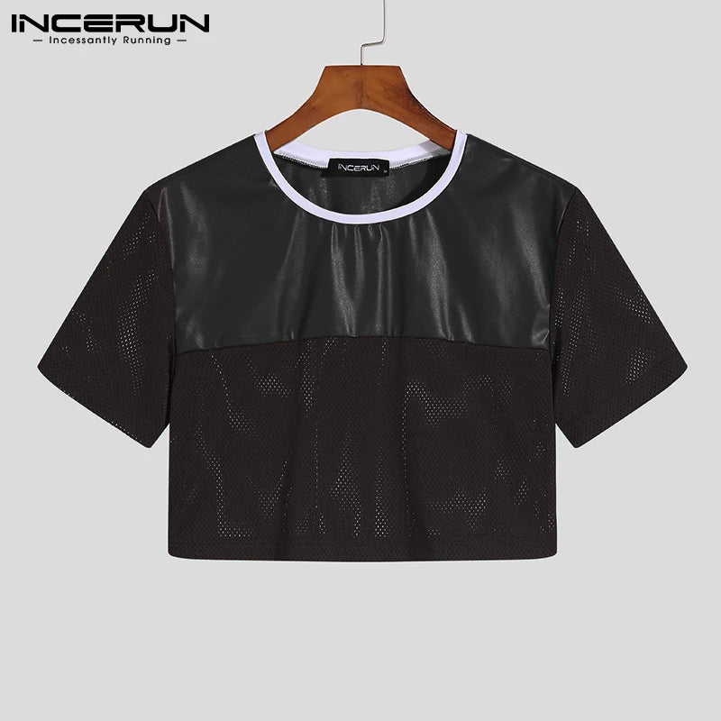 INCERUN Modische Casual Style Neue Herren Atmungsaktive Mesh Camiseta Kurzarm Crop Tops 2023 Patchwork Cropped T-Shirts S-5XL