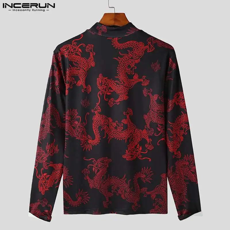 INCERUN Tops 2023 American Style Fashion Men Retro Dragon Totem Pattern T-shirts Casual Personalized Long Sleeved Camiseta S-5XL