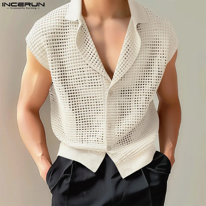 2024 herren Hemd Aushöhlen Transparent Mesh Feste Revers Ärmelloses Sommer Männer Kleidung Streetwear Casual Westen Shirts INCERUN