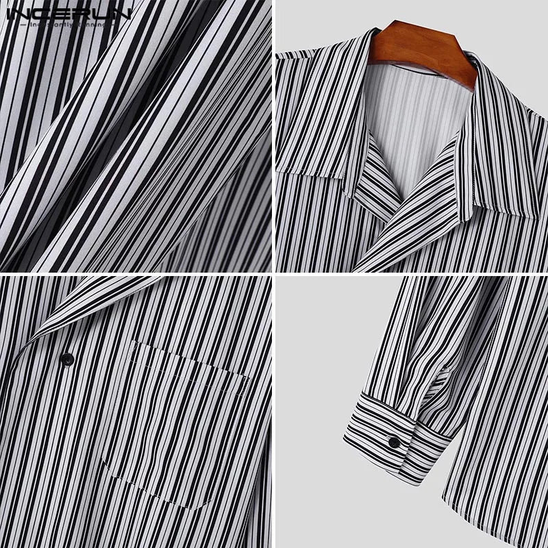 INCERUN Men Blouse Casual Loose Vintage Style Stripe Shirts Long Sleeve Autumn New Fashion Office Work Wear Stylish Tops