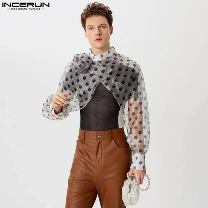 Fashion Sexy Style Tops INCERUN Men Chiffon Polka Dot Cropped Cross T-shirts Casual Streetwear Male Thin Long Sleeved Tees S-5XL