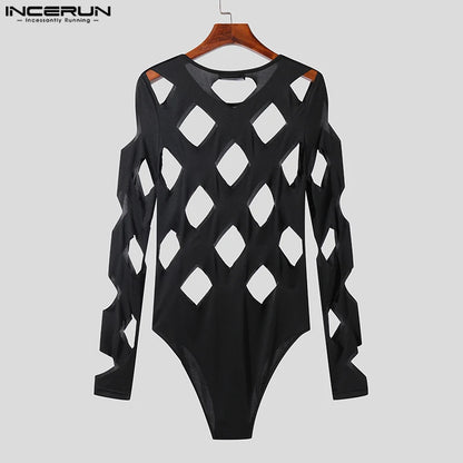 INCERUN 2023 Sexy Fashion Style Men's Bodysuits Hollow Diamond Design Rompers Casual Homewear O-Neck Long Sleeve Jumpsuits S-3XL