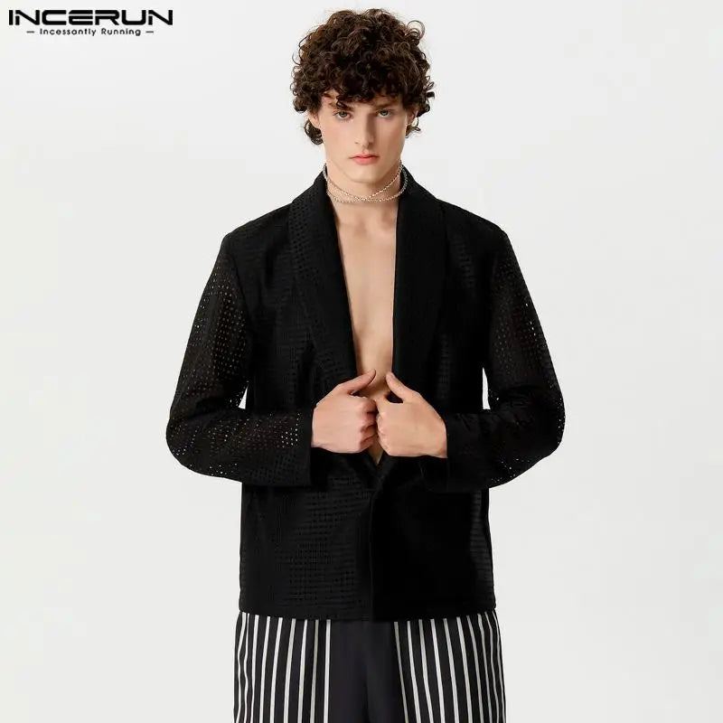 INCERUN Tops 2024 American Style Handsome Mens Hollow Mesh Solid Blazer Casual Streetwear Hot Sale Long Sleeved Suit Coats S-5XL