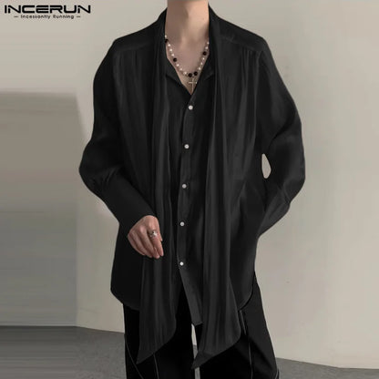 Casual Simple Tops INCERUN Men Ribbon Pleated Glitter Design Shirts Handsome Male Solid All-match Long Sleeved Blouse S-5XL 2024