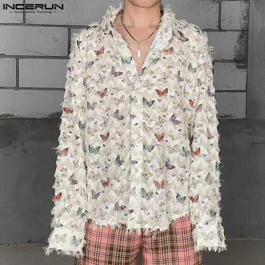 INCERUN Tops 2024 Korean Style Men's Personalized Printing Tassels Design Shirts Handsome Male Long Sleeved Lapel Blouse S-5XL