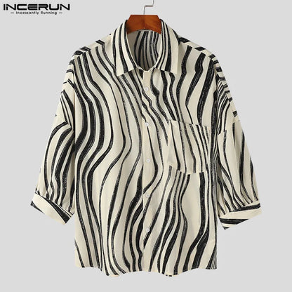 INCERUN Tops 2024 Korean Style Handsome Men Fashion Irregular Stripe Shirts Casual Streetwear Seven Quarter Sleeved Blouse S-5XL