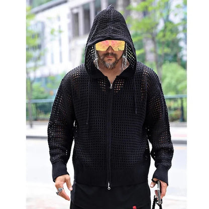 HOUZHOU Knit Mesh Coat for Men Hole Hooded Cardigan Long Sleeve Tee Male Hollow Out Casual Autumn Japanese Streetwear Hip Hop