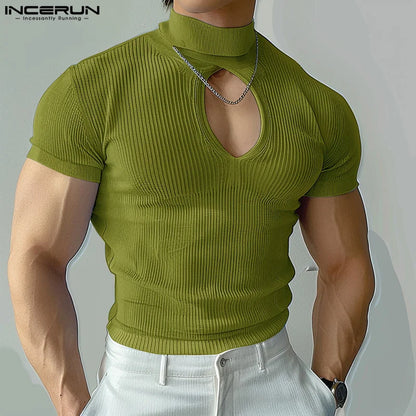 INCERUN Men T Shirt Turtleneck Short Sleeve Hollow Out Solid Color Skinny Men Clothing Streetwear Knitted Summer 2024 Tee Tops