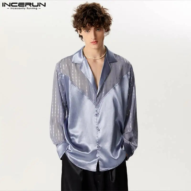 INCERUN Tops 2024 Style Américain Mode Hommes Paillettes Paillettes Col V Patchwork Chemises Décontractées Fête Spectacles Chemisier À Manches Longues S-5XL