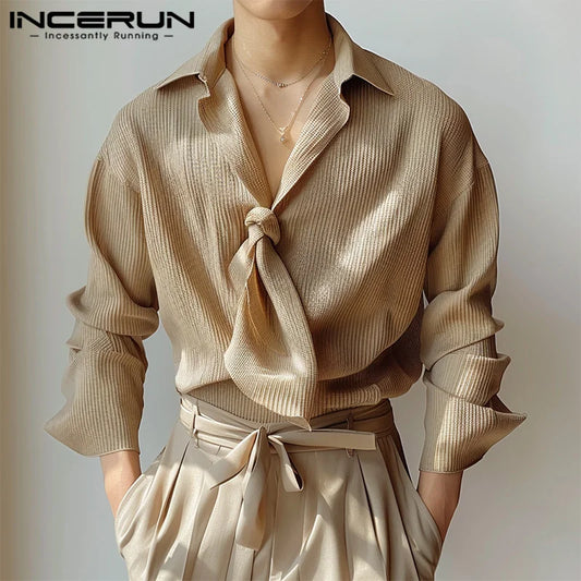 INCERUN Tops 2024 Korean Style Men Casual Simple Texture Tie Design Shirts Autumn Winter Fashion Male Long Sleeved Blouse S-5XL