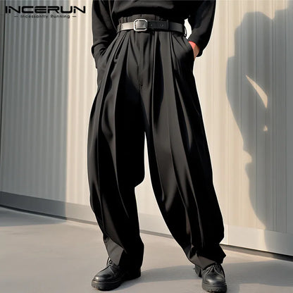 INCERUN 2024 Korean Style New Mens Trousers Pleated Design Straight Leg Pantalons Casual All-match Simple Solid Long Pants S-5XL