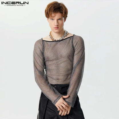 Sexy Fashionable Style Tops INCERUN Men Sparkling See-through Mesh Fabric T-shirt Male Hollow Design Long Sleeved Camiseta S-3XL