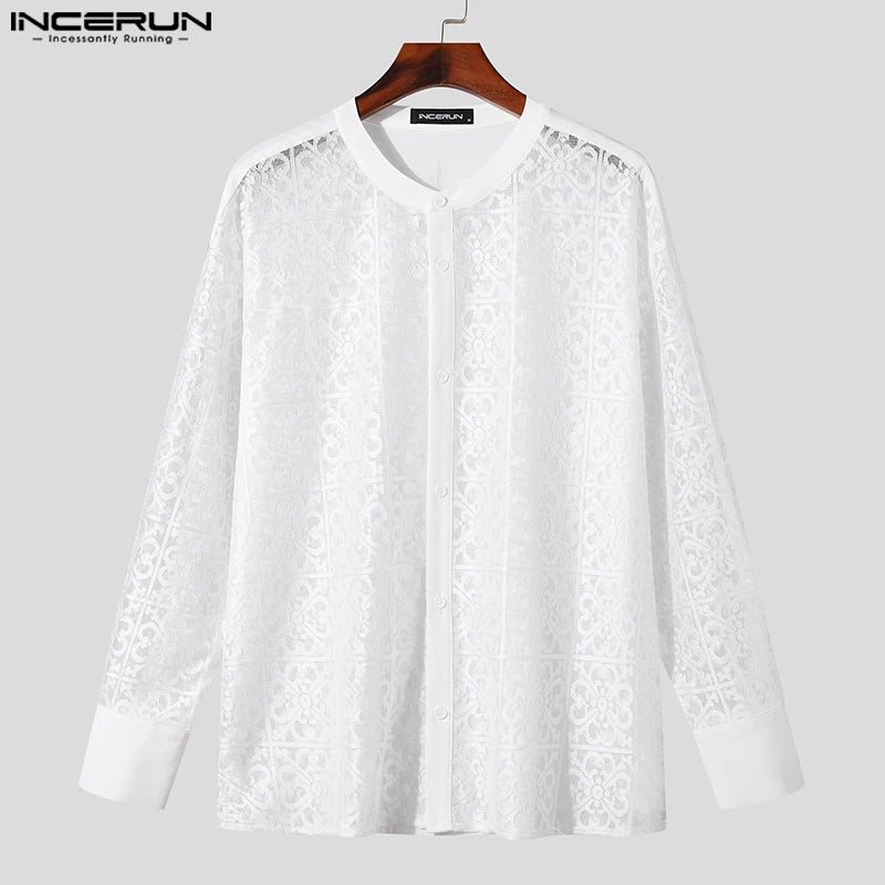 2024 Men Shirt Lace Transparent Stand Collar Long Sleeve Men Clothing Loose Sexy Streetwear Fashion Casual Camisas S-5XL INCERUN